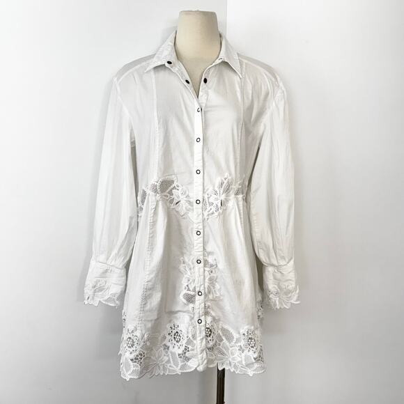 Free People Constance Mini Dress Embroidery Button-Up Long Sleeve Cotton White M - Picture 4 of 14